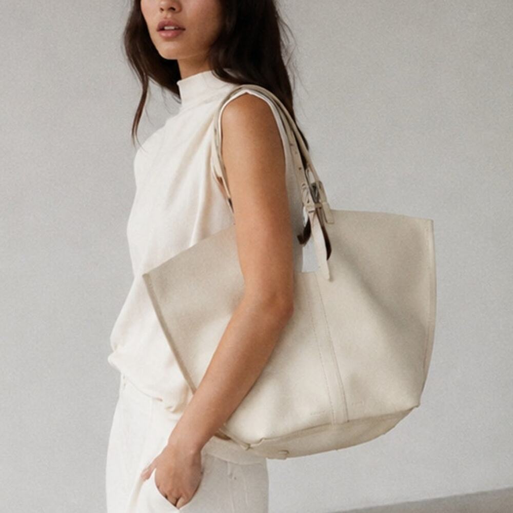 Allsaints Ara Leather Tote Bag in White Birch Oversized Cutout Armhole Bow NWT